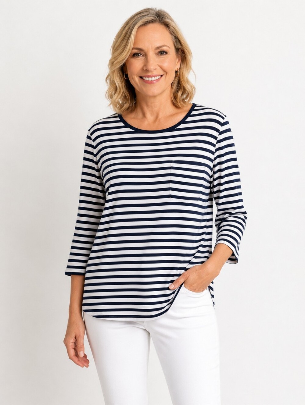 Cathy Petite Navy & White Striped Top LP 3/4 Sleeve Pocket Blouse EUC